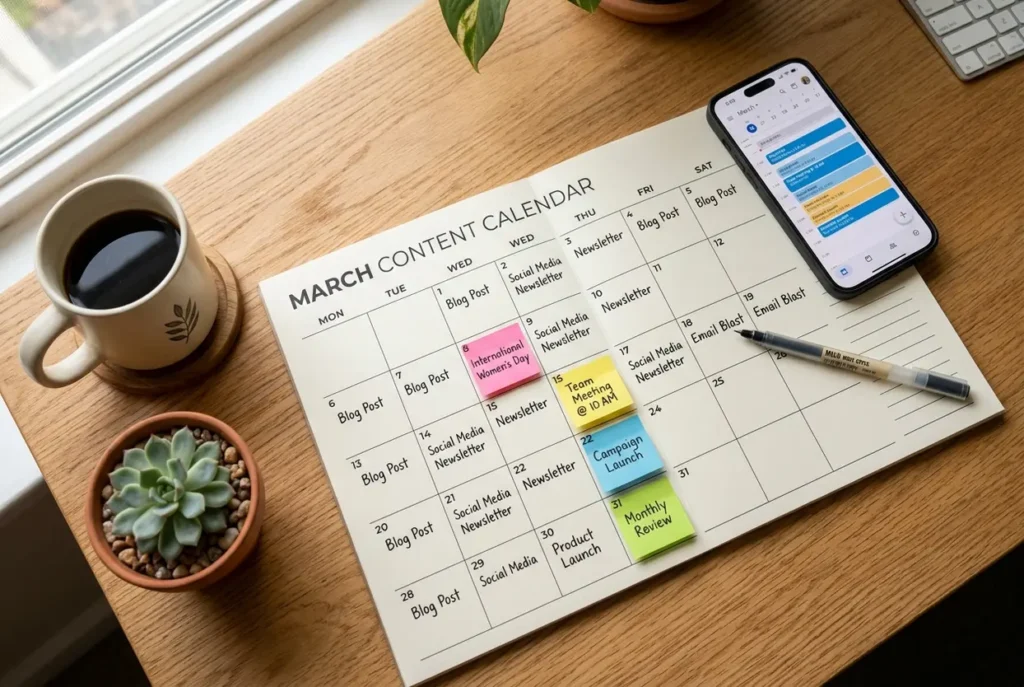 Calendário de conteúdo estratégico para redes sociais.