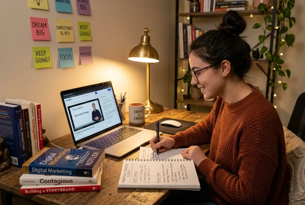 Estudante analisando carreira em marketing digital