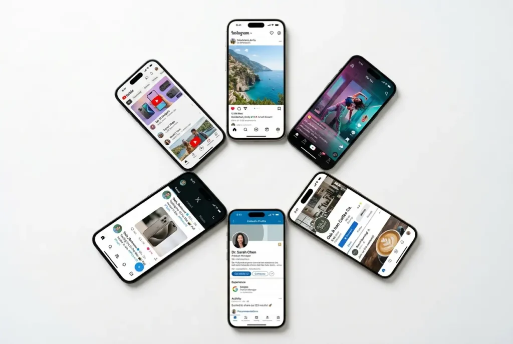 Plataformas de redes sociais exibidas em celulares