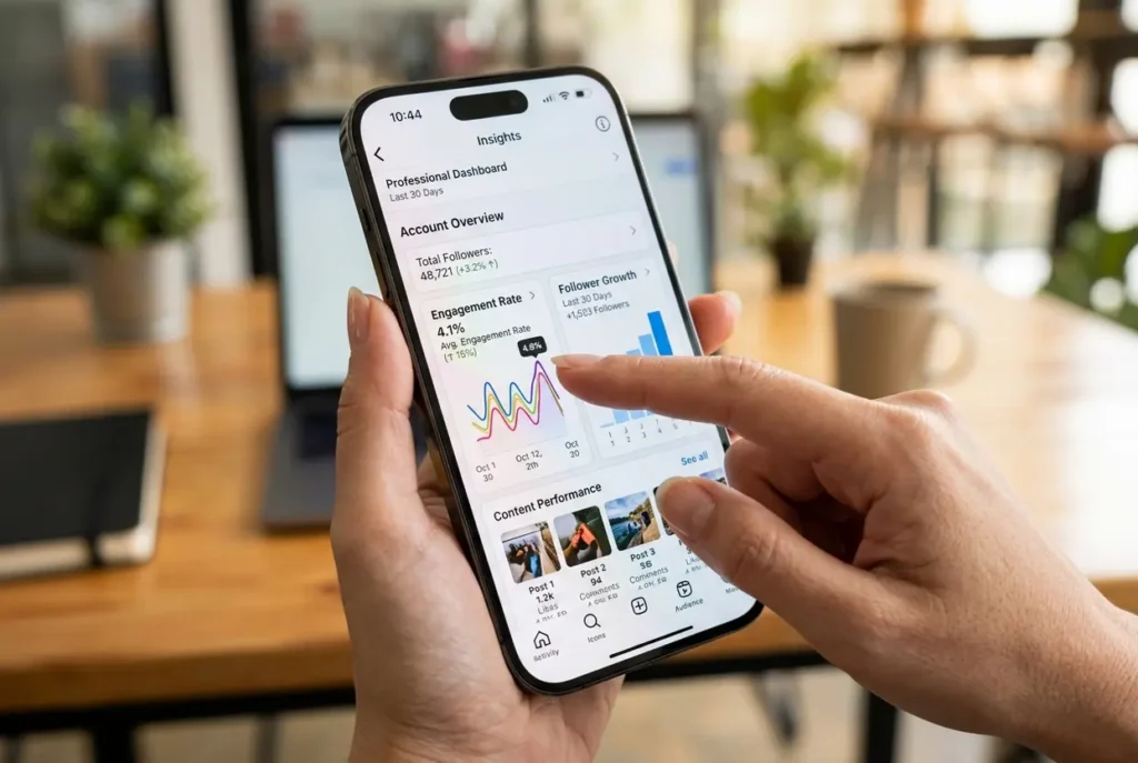Métricas de redes sociais exibidas em smartphone.